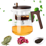 800ML Glass Teapot with Infuser Removable, Enchanti Tea Pot with Wooden Handle, 3 in 1 Water Separation Tea Infuser Pot, Press Control Magic Teapot for Blooming Tea and Loose T/ea