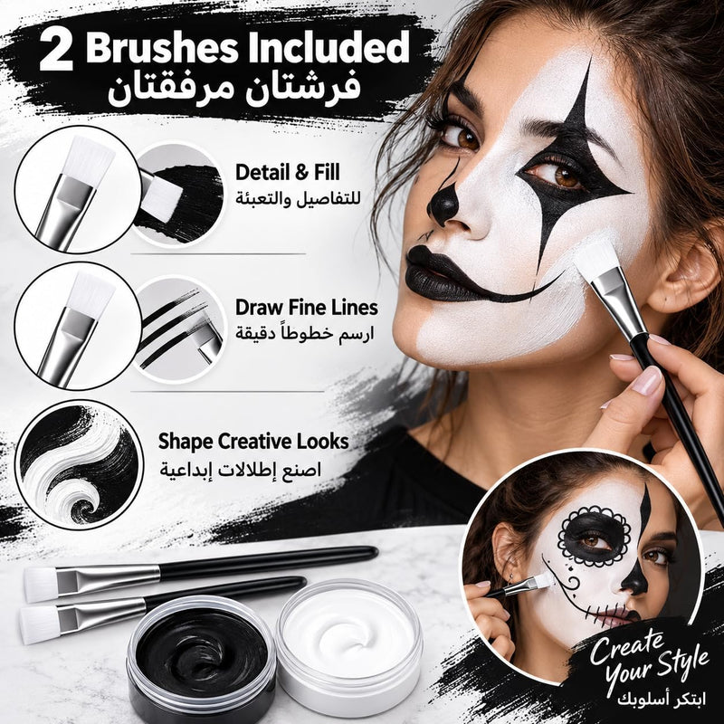 Black White Face Body Paint, Non-Toxic Face Painting Kit with 2 Professional Paint Brushes for Art Theater Halloween Party Cosplay