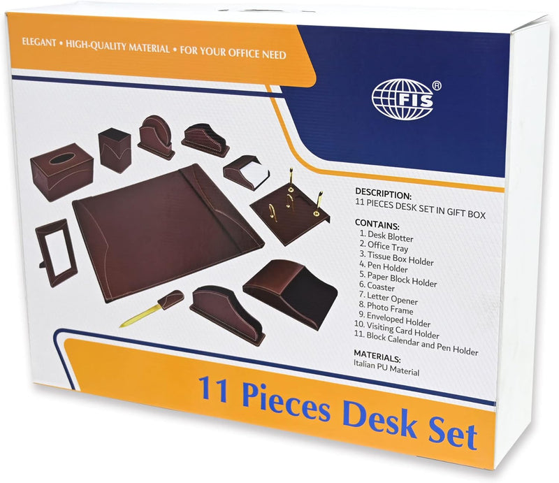 FIS Executive Desk Set with Italian PU Materials, Set of 11 Pieces Desk Set Organizer, Brown Color, Pack in Gift Box-FSDS183BR