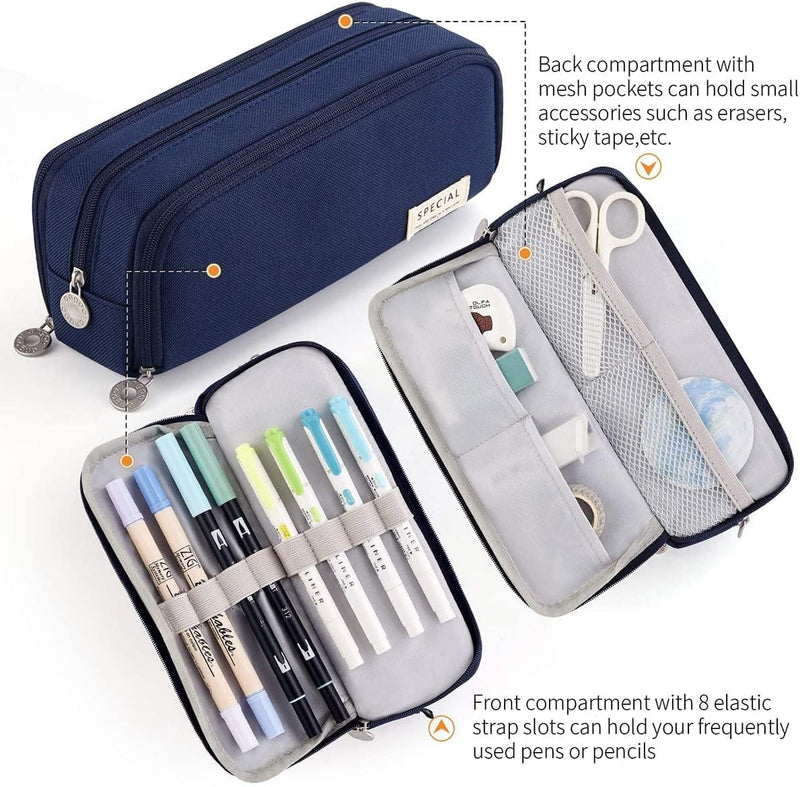 Bukela Large Capacity Pencil Case 3 Compartment Pouch Pen Bag for School Teen Girl Boy Men Women (Navy)