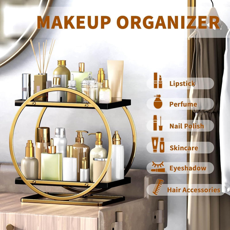 WEKOTEE Makeup Organizer for Vanity, Black Gold Perfume Organizer for Dresser- 2 Tier Skincare Organizers Bathroom Countertop Organizer, Make Up Counter Shelf Cosmetic Display Tray (55-02)