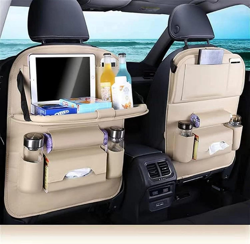 Car Backseat Organizer with Tablet Holder, Touch Screen Tablet Hanger Stand for Kids Toddlers and Storage, Cup Umbrella Tissue Holder, Kick Mats Protector Car Accessories Pack of 1 (Beige)