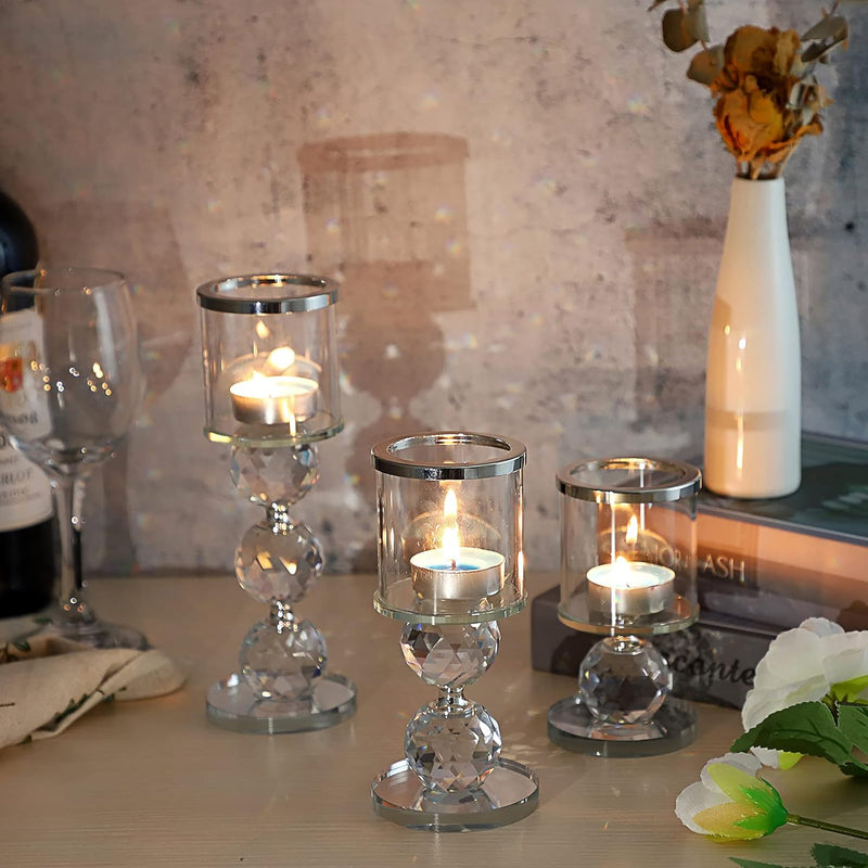 OwnMy Set of 3 Crystal Glass Candlestick Holders Pillar Candle Holders with Glass Covers, Modern Clear Glass Tea Light Candle Sticks Votive Candle Stands for Table Centerpiece Wedding Decor (Silver)
