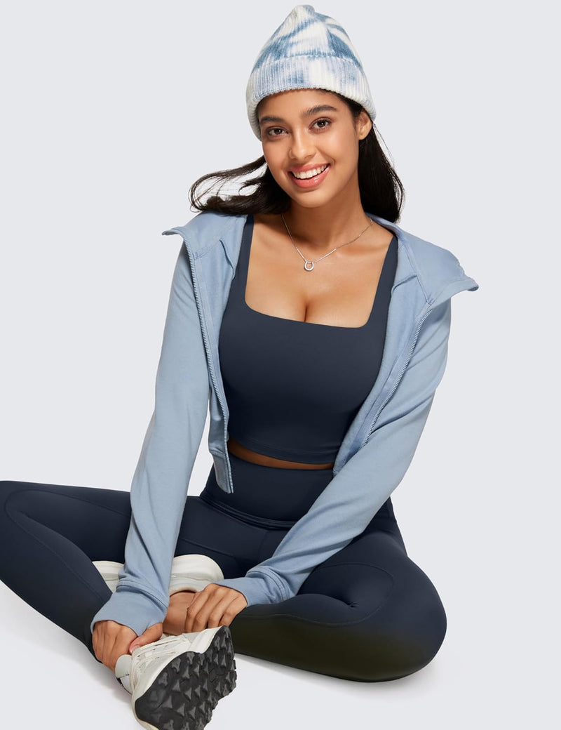 CRZ YOGA Butterluxe Womens Square Neck Longline Sports Bra - Workout Crop Tank Tops Padded Yoga Camisole with Built in Pads