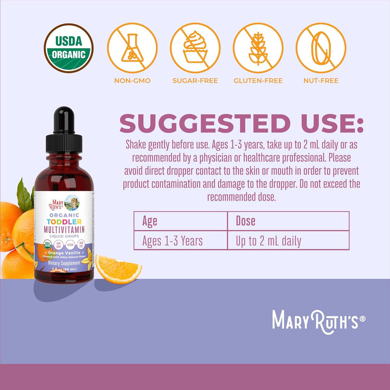 Multivitamin & Multimineral for Toddlers by USDA Sugar Free Multivitamin Liquid Drops for Kids Ages 1-3 Immune Support & Overall Wellness Vegan Non-GMO 2 Fl Oz