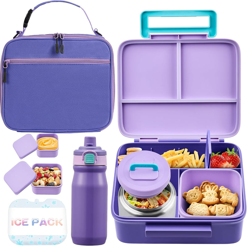 Bento Lunch Box for Kids with Thermo, Leakproof Bento Box with 8oz Insulated Food Jar, Lunch Bag, BPA Free Dishwasher Safe 4 Compartment Container for School Girls Boys (Pink) - Purple