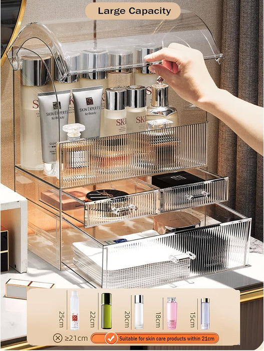 U-HOOME Makeup Organizer,Cosmetic Storage Display Case with Drawer and Dustproof Cover,Vanity Organizer Fits,Makeup Brushes, Lipsticks For Vanity, Bedroom, and Bathroom Skincare Organizer (Clear)