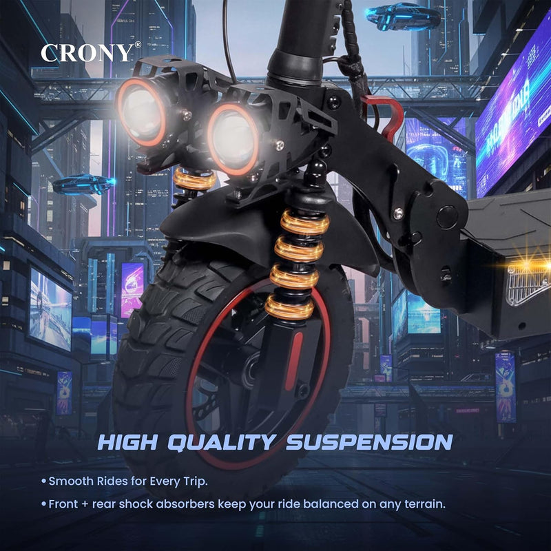 CRONY T4 Electric Scooter with Big LCD Display, 2000W Motor, 40-65KM/H Speed, Smart App Control, Triple LED Headlamps & Foldable Design with Smart Lock & Flashing Mode, Front/Rear Suspension - No Seat