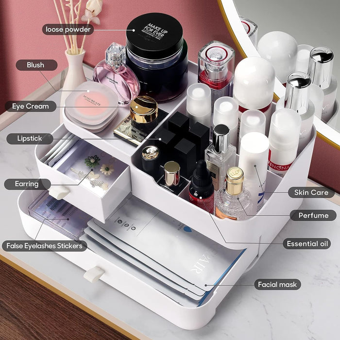 Yoawllty Makeup Organizer, Cosmetic Organizer Storage Box with Drawer, Elegant Vanity Case for Bathroom Bedroom Office Supplies(White)