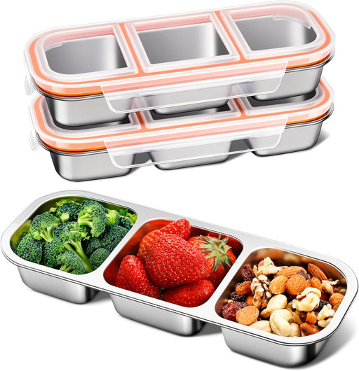 3 Pack Stainless Steel Snack Containers for Kids & Adults, Bento Boxes, Leek Proof Metal Bento Lunch Box with 3 Compartment, Lunchable Containers for Daycare, School, Work, Travel, Bento Snack Box