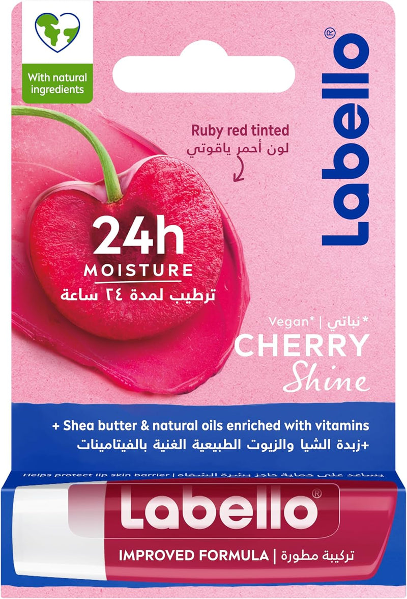 Cherry Shine Lip Balm, 24H Melt-In Moisture, with Shea Butter and Natural Oils Enriched with Vitamins, with Natural Ingredients, Mineral Oil Free, Vegan, 4.8g