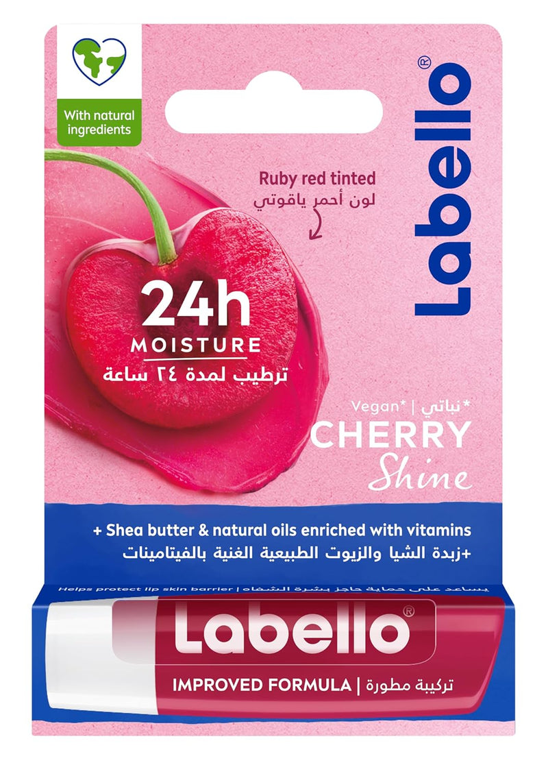 Labello Cherry Shine Lip Balm, 24H Melt-In Moisture, with Shea Butter and Natural Oils Enriched with Vitamins, with Natural Ingredients, Mineral Oil Free, Vegan, 4.8g
