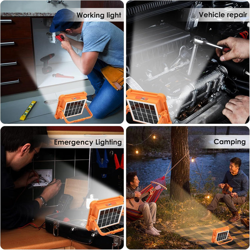 Solar LED Work Lights, 200W Rechargeable Portable USB Flood Light 4 Modes Security Job Site Lighting Waterproof 3000LM for Outdoor Camping Fishing Hiking Car Repairing Emergency
