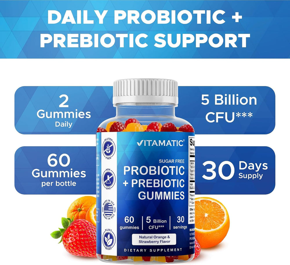 Probiotic + Prebiotic Gummies, 5 Billion CFU Digestive Support, Sugar Free Gut Health Supplement for Adults, Bacillus Coagulans with Inulin Fiber, 60 Gummies