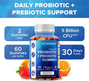 Probiotic + Prebiotic Gummies, 5 Billion CFU Digestive Support, Sugar Free Gut Health Supplement for Adults, Bacillus Coagulans with Inulin Fiber, 60 Gummies