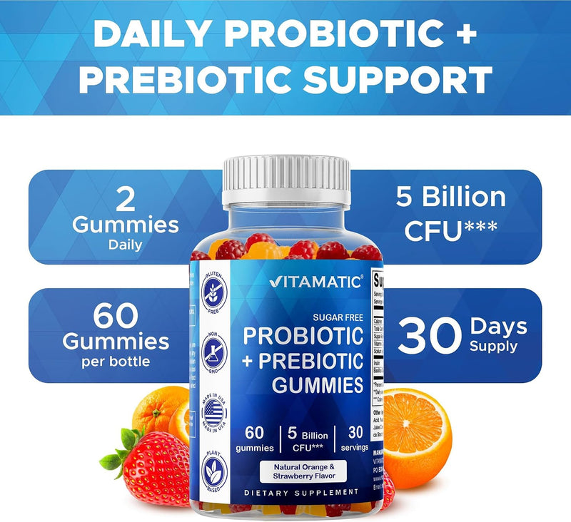 Probiotic + Prebiotic Gummies, 5 Billion CFU Digestive Support, Sugar Free Gut Health Supplement for Adults, Bacillus Coagulans with Inulin Fiber, 60 Gummies