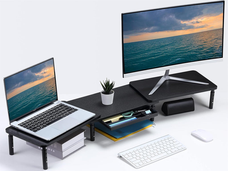 ETHU Dual Monitor Stand ,Double Monitor Riser for PC,Computer, Laptop and Printer,3 Adjustable Shelf Length and Angle Desktop Stand Organizer with Phone Holder and Drawer,Office Accessories Black