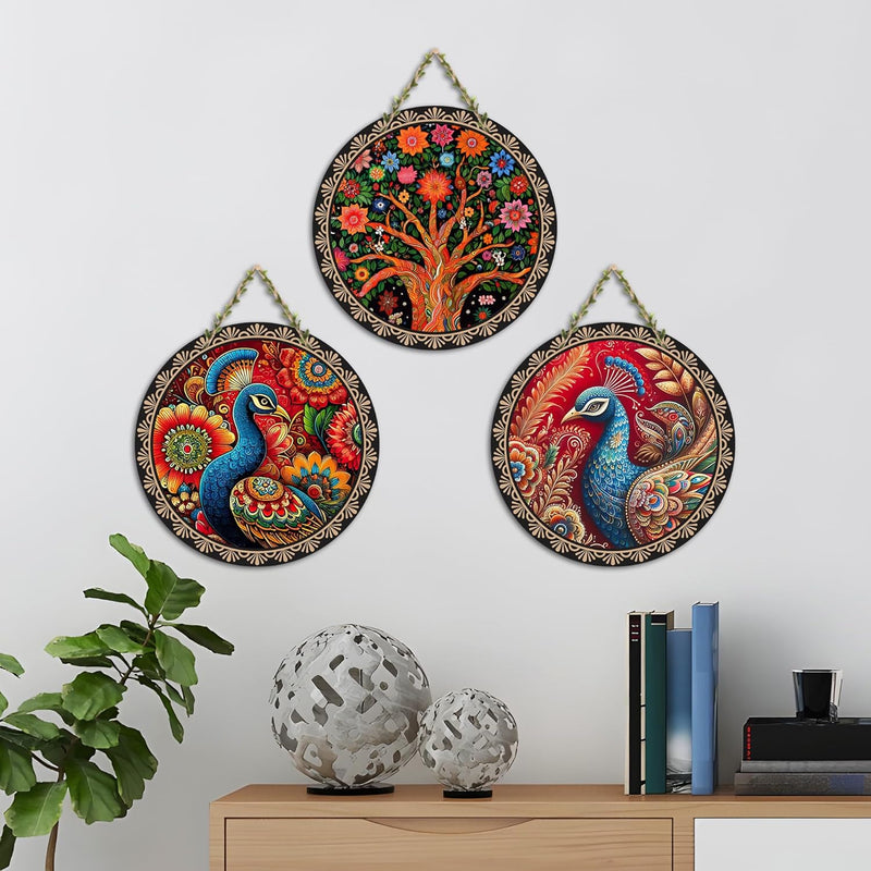 Artvibes Rajasthani Culture Wooden Wall Hanger for Home | Office | Living Room | Gift | Modern Decoration Items | Kitchen Wall Decor | Home Decor Hanging Items (WH_5012N), Set of 3