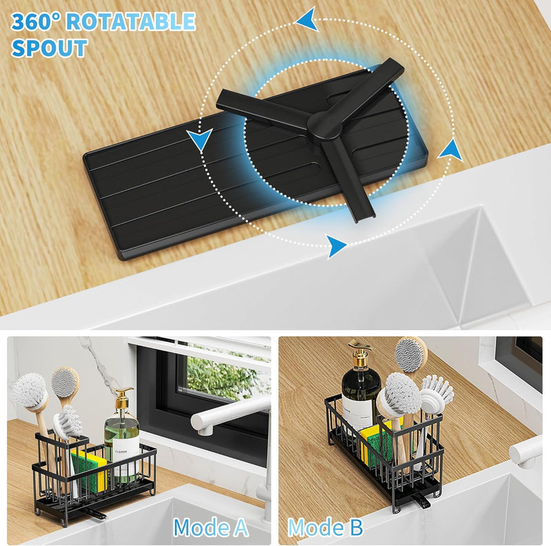 Cisily Sponge Holder for Kitchen Sink, Sink Caddy with High Brush Holder, Organzier Rustproof 304 Stainless Steel Dish Organizer Divider, Soap Dispenser Storage - Black