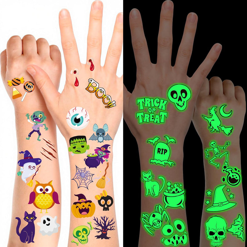 JOYIN 300+ Assorted Halloween Temporary Tattoos including Glow in the Dark Tattoos for Kids Halloween Trick or Treat Party Supplies, Class Hang out Give away Treat