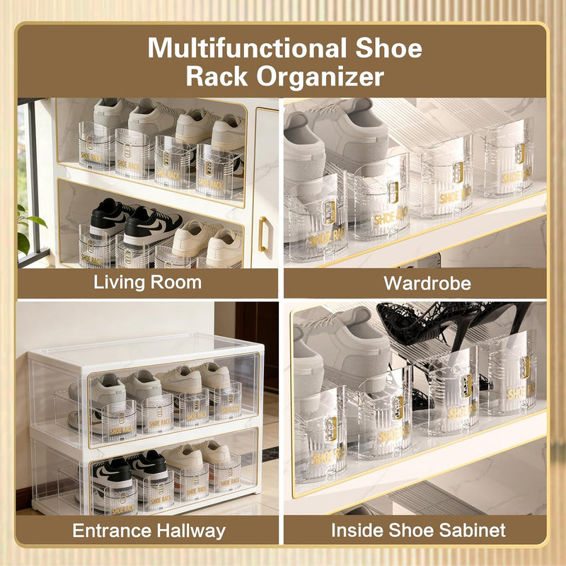 SUSOO 8 Pack Shoe Slot Organizer, Adjustable Highth Clear Double Storage 50% Space-Saving Racks, Stacker Holder For Pairs, 3 Height Levels, Fit Sneakers Heels Flats, Anti-Slip Grip For Inside Closet - 8