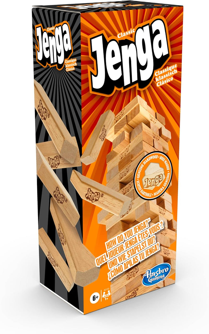 Hasbro Gaming - Classic Jenga Game, Genuine Hardwood Blocks, Jenga Stacking Tower Party Game For Family And Kids Ages 6+, Birthday Gift & Gift For All Ocasions - Jenga