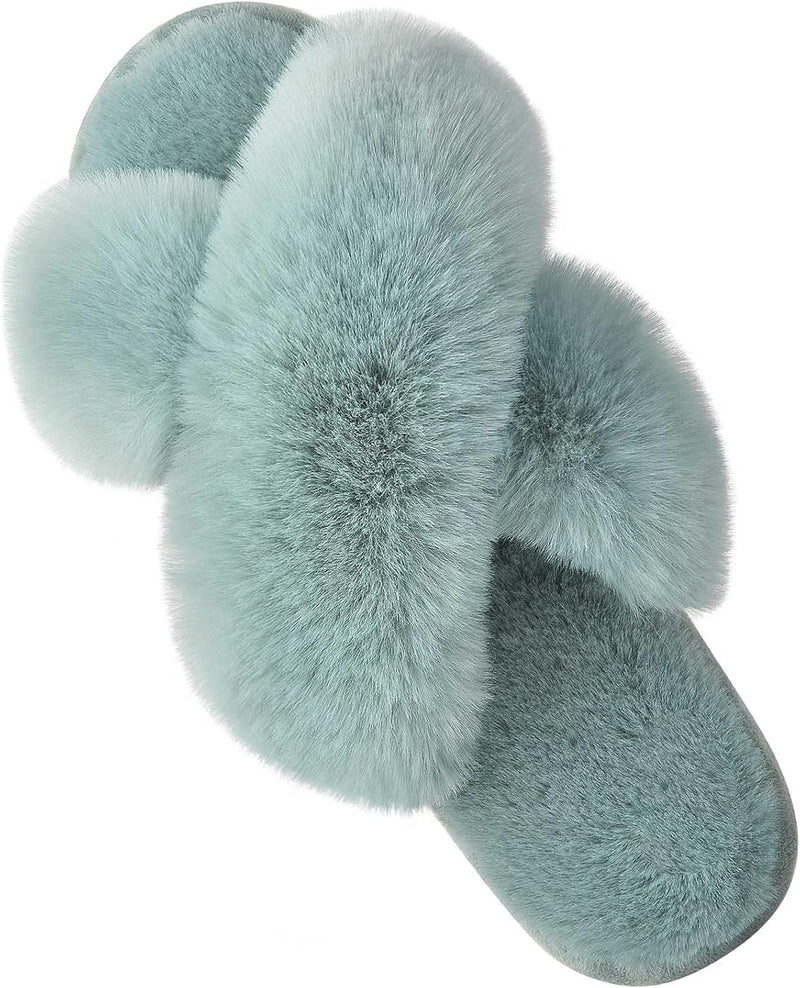 Women's Cross Band Slippers Soft Plush Furry Cozy Open Toe House Shoes Indoor Outdoor Faux Rabbit Fur Warm Comfy Slip On Breathable