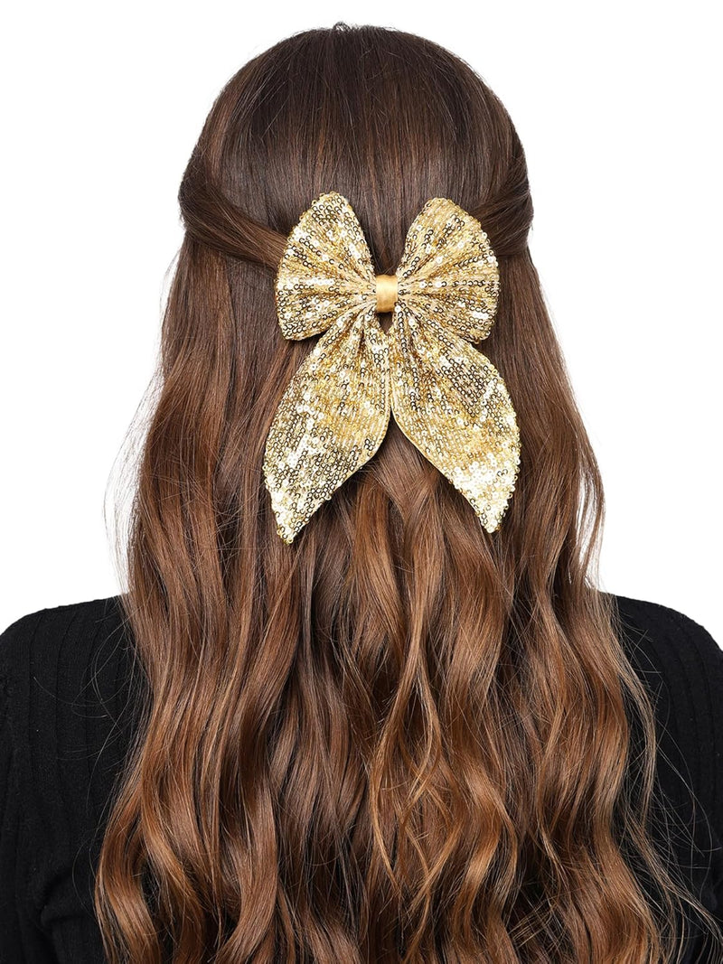 Radhu & Kabby Trendy Hair Bow for Women/Girls | Perfect for Special Occasions | Fancy & Stylish Hair Accessories | Anti-Hair Breakage | Glittery Golden Color | Same as pic | 1 Pcs