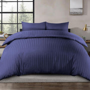 100% Cotton Luxury Hotel Quality Sateen Duvet Cover Set, 2cm Satin Stripe, Hidden Button Closure, Ultra-Soft Sateen Weave, Breathable & Hypoallergenic (White, Queen 240x220cm) - Navy Full/Double 210x210cm