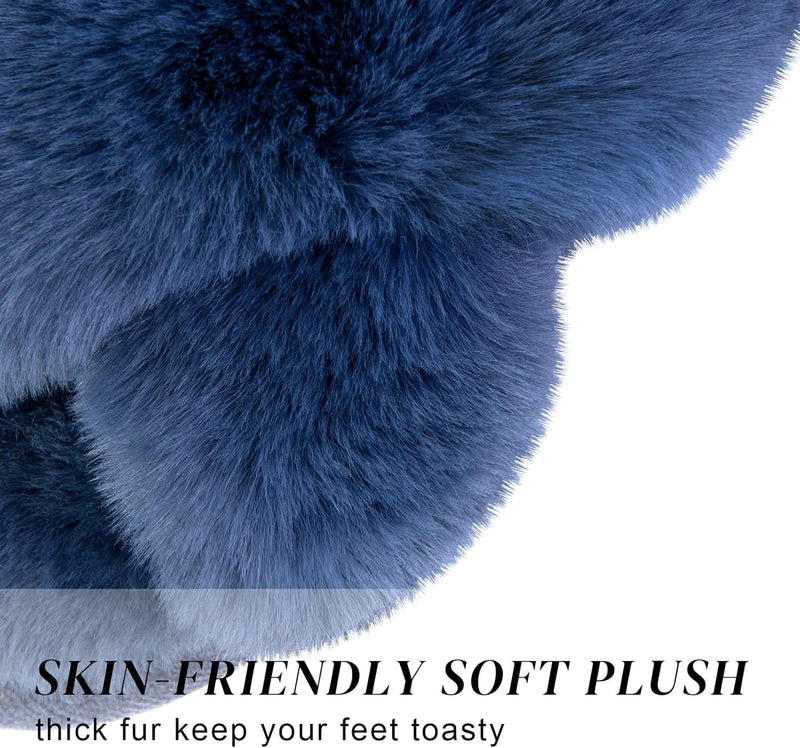Women's Cross Band Slippers Soft Plush Furry Cozy Open Toe House Shoes Indoor Outdoor Faux Rabbit Fur Warm Comfy Slip On Breathable