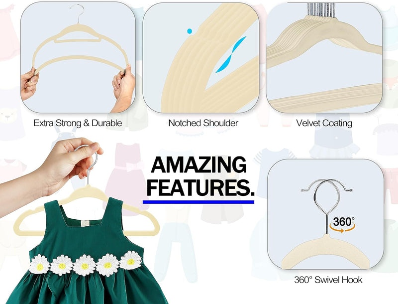 GVTECH Kids Hangers Velvet, [50 Pack] Children Cloth Durable Baby Hangers for Closet - Perfect Infant Toddler Kid Hanger for Everyday Use, Non Slip 360° Hooks for Shirt, Pant (50 Pack, Grey)