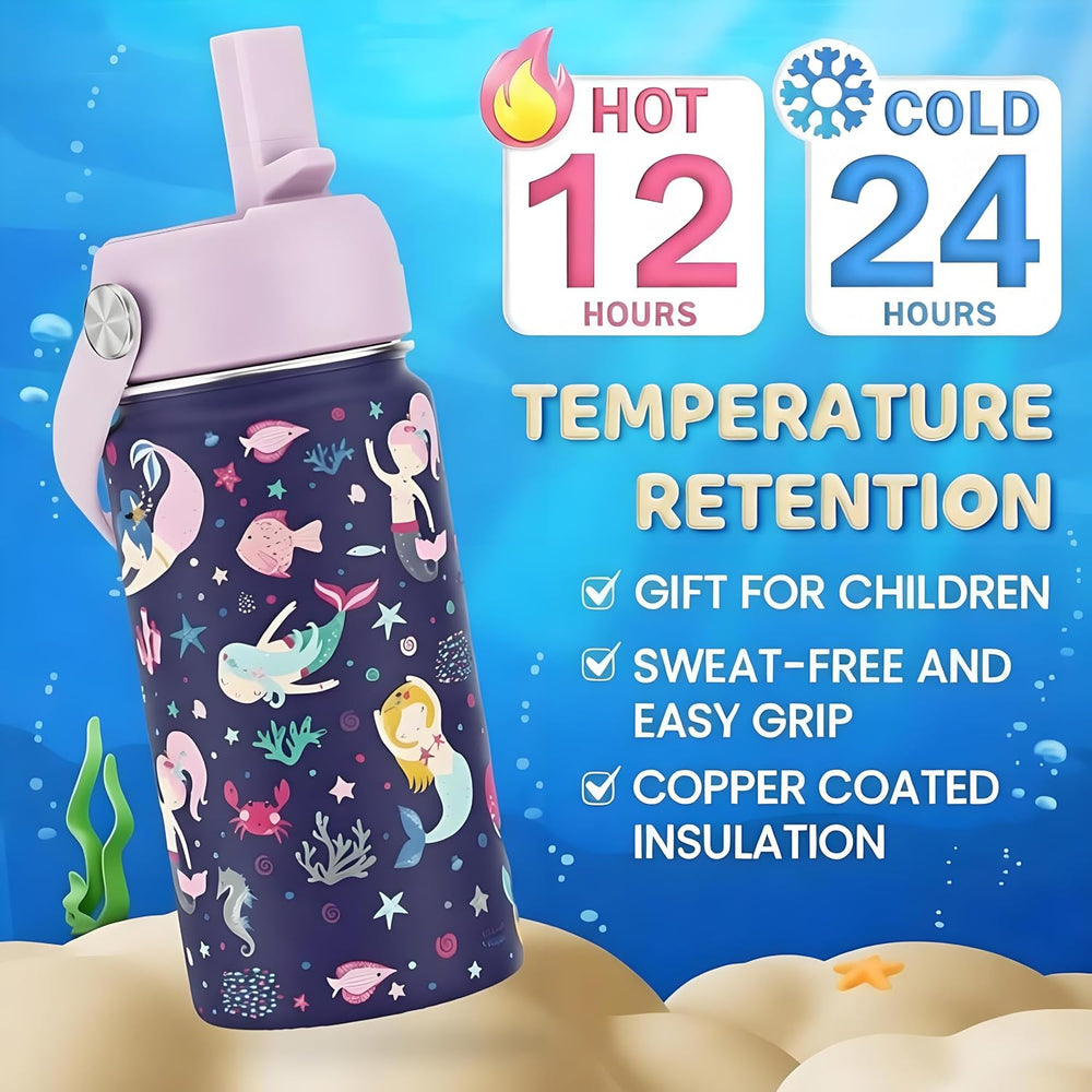 water bottle for kids 410ml, stainless steel water bottle with Straw Lid, Leakproof Sports thermos hydro flask,Double Wall Vacuum Flask for Toddler Girls & Boys, BPA-Free, 14oz
