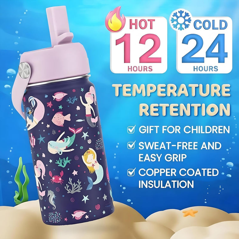 water bottle for kids 410ml, stainless steel water bottle with Straw Lid, Leakproof Sports thermos hydro flask,Double Wall Vacuum Flask for Toddler Girls & Boys, BPA-Free, 14oz