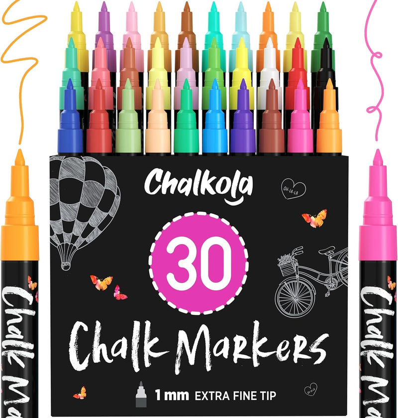Extra Fine Tip Liquid Chalk Markers (30 Pack 1mm) Pastel + Neon Chalk Pens - Erasable Dry Erase Marker for Chalkboard, Blackboards, Window, Bistro