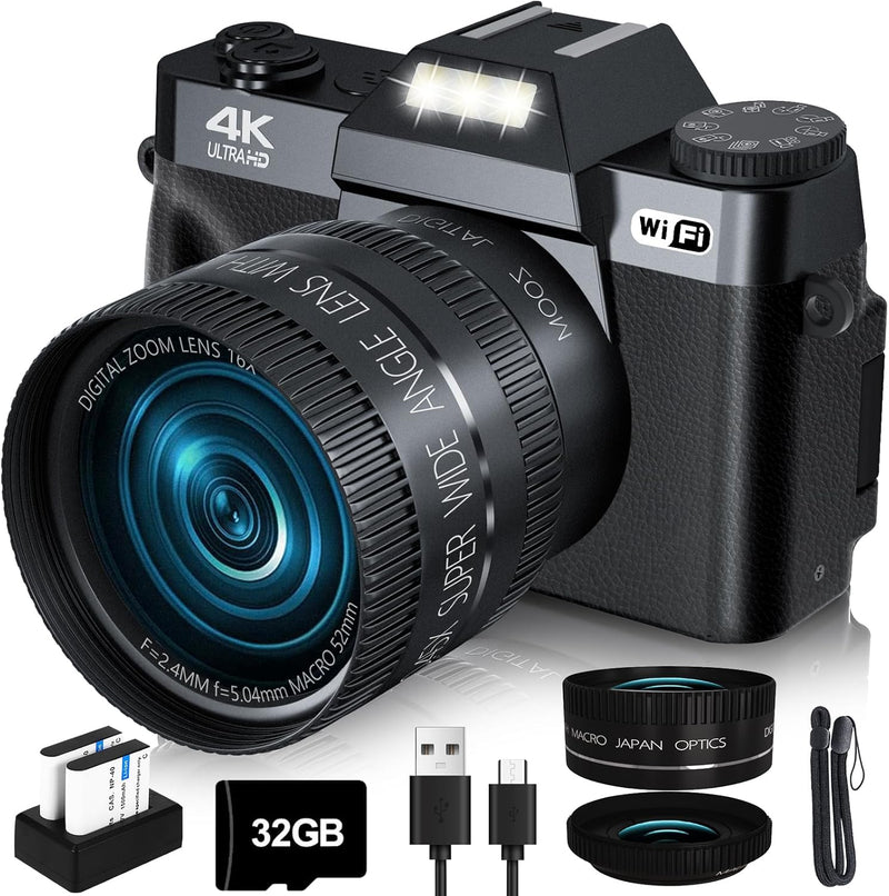 VJIANGER 4K Digital Camera for Photography, 64MP Vlogging Camera for YouTube with 3" 180 Flip Screen, 18X Digital Zoom Point and Shoot Camera with 32GB Micro SD Card for Beginner (Black) - WX02-6K-Black