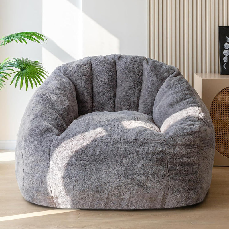 Giant Bean Bag Chair, Oversized Bean Bag Couch for Adults and Kids, Faux Fur Shell-Shaped Large Chair with Filler, Stuffed Big Accent Sofa Lounge Floor Sofa for Reading, Beige, Standard (Light Grey) - Light Grey