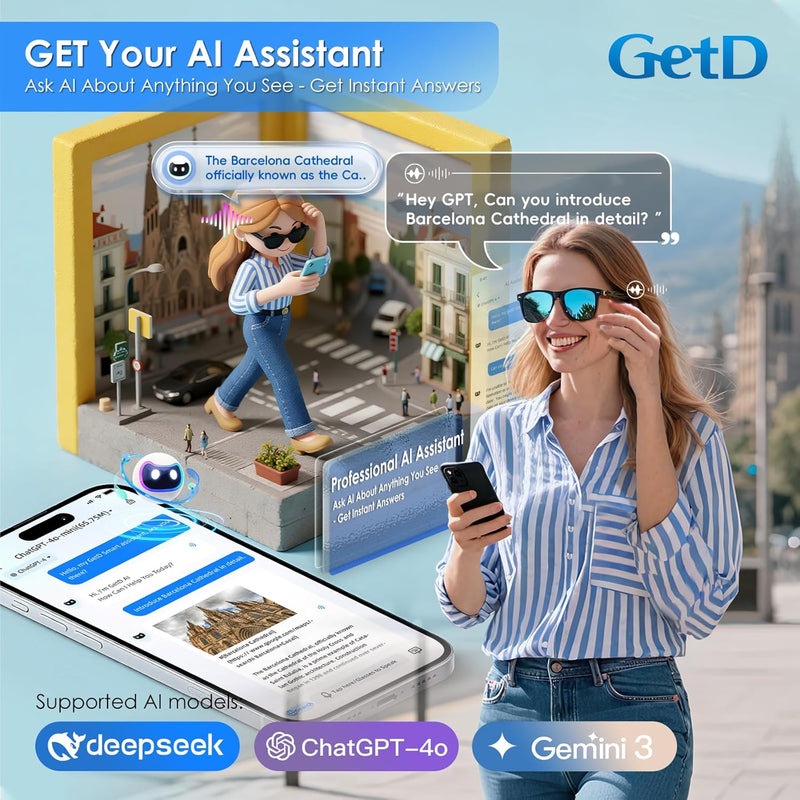 GetD AI Glasses, AI Assistant Powered by ChatGPT, Smart Glasses, Polarised Sunglasses, Bluetooth Smart Sunglasses for Men and Women, 2-in-1 Headphones and Glasses