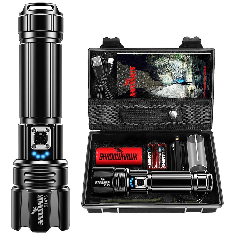 Shadowhawk Flashlight Led USB Rechargeable, 10000 lumens Torch Light XHP70.2, Super Bright Tactical Flashlights, IP67 Waterproof Zoomable, for Outdoor Camping Hiking Emergency(with Battery)