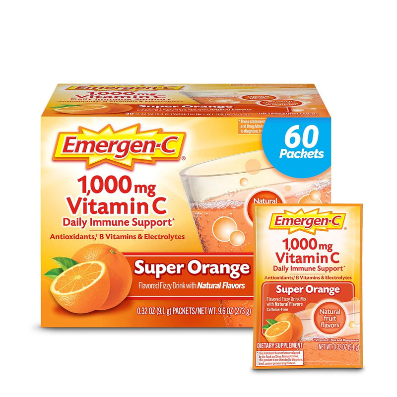 Emergen-C 1000mg Vitamin C Powder for Daily Immune Support Caffeine Free Vitamin C Supplements with Zinc and Manganese, B Vitamins and Electrolytes, Super Orange Flavor - 60 Count/2 Month Supply