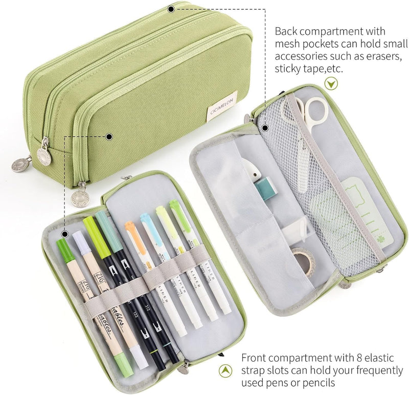 Aputue Pencil Case, Large Capacity Multi Compartment Japanese Style Pen Holder Bag, Aesthetic Stationery Organizer Pouch for School Office College Students, Durable Zipper Storage Box Green