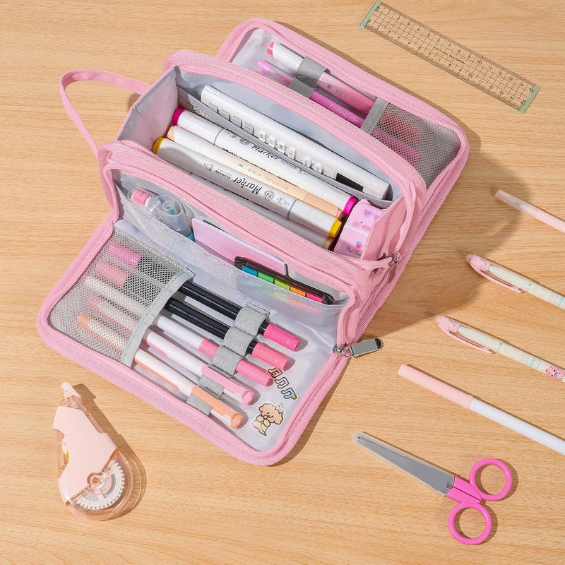 Large Pencil Case, Big Capacity Pencil Pouch Pen Bag with 3 Compartment, Portable Canvas Stationery Organizer with Zipper, Cute Aesthetic School Supplies for Teen Girls College (Pink)