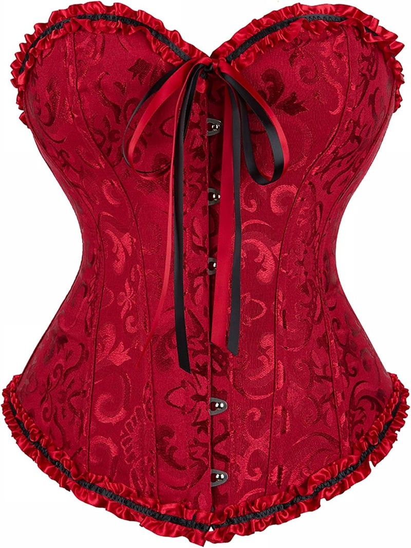 Corsets for Women Renaissance Floral Lace up Boned Overbust Corset Bustier Shapewear - Winered