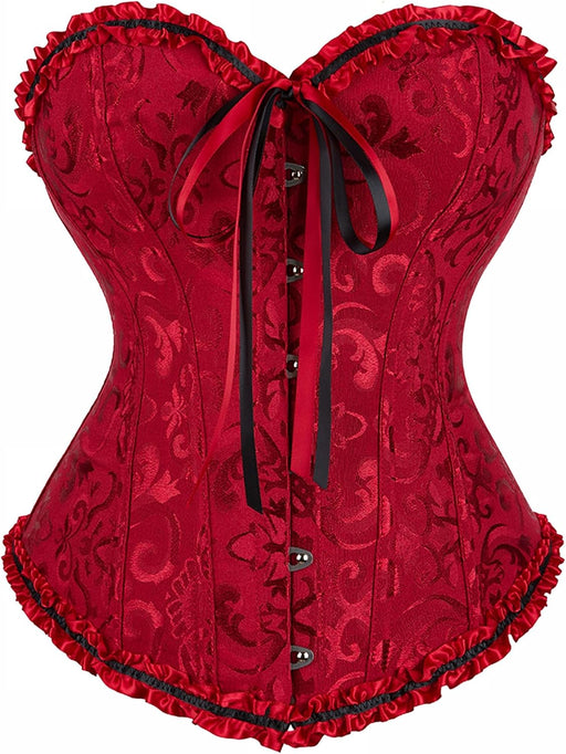 Corsets for Women Renaissance Floral Lace up Boned Overbust Corset Bustier Shapewear - Winered