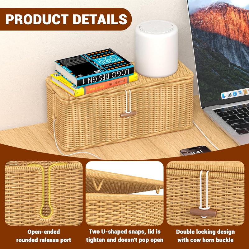 Cable Management Box, Handmade Rattan Organizer, 2 Open Slots Cords Hider Under Desk Cord Organizer Management, For Computer Router Usb Hub & Power Strip