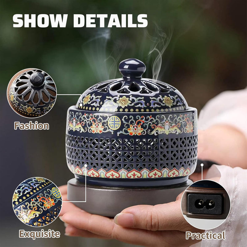 Ceramic Electric Incense Burner, Electronic Aroma Diffuser with Timing Temperature Adjustment and Cover, Resin Frankincense Burner, Used for Indoor Air Purification/Home Decoration/Meditation