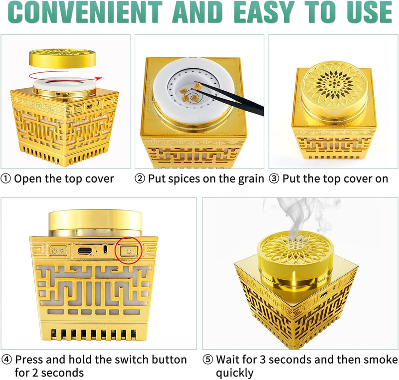 ACHAS Electric Bakhoor Incense Burner Portable Usb Rechargeable Arabic Electric Bukhoor (Gold)