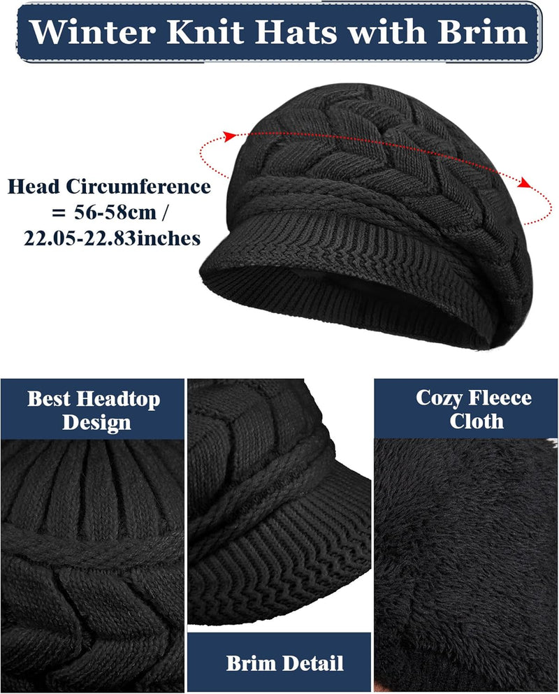 4 Pieces Women Winter Hat and Glove Set, Warm Knitted Beanie Hat Glove Snow Ski Skull Cap with Visor and Touchscreen Glove