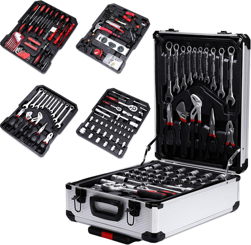 Toshionics Professional Tools Set 187 Pcs Mechanics Tool Kit with Sturdy Aluminum Trolley Wheel Case, Auto Mechanics Wrench Ratchet Socket Kit, Organizer Chest, General Household and Auto Toolkit