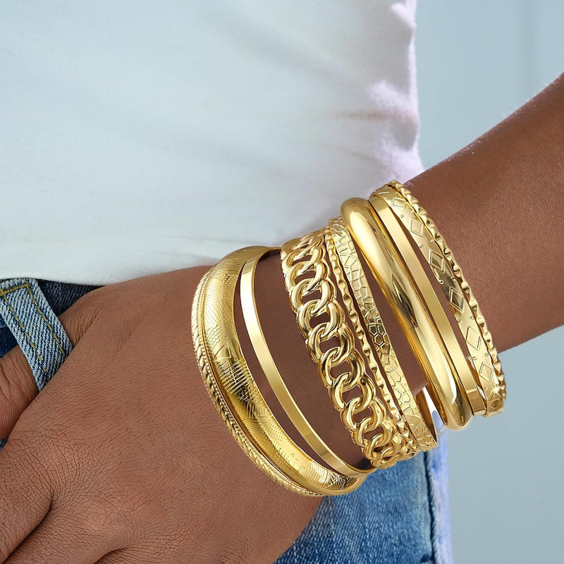 Gold Plated Bangle Bracelets Set for Women, Indian & Dubai Style Stackable Chunky Jewelry, Multi-Layer Textured 14K Gold Plated Ladies Gift for Eid & Parties 10Pcs