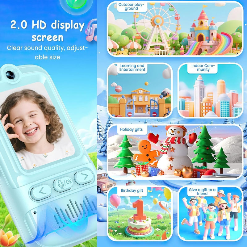 Kids Video Walkie Talkies Toys with Rotating Antenna, 2.0-Inch Screen & 500m Range, Dual-Camera Video Chat Without Wi-Fi, USB-C Rechargeable with Lanyard, Interactive Gift (Blue/Pink)